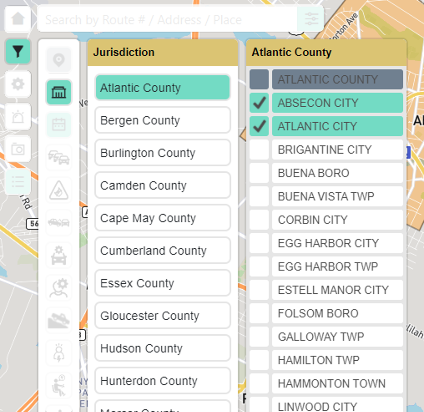 Jurisdiction select using the Filter Menu